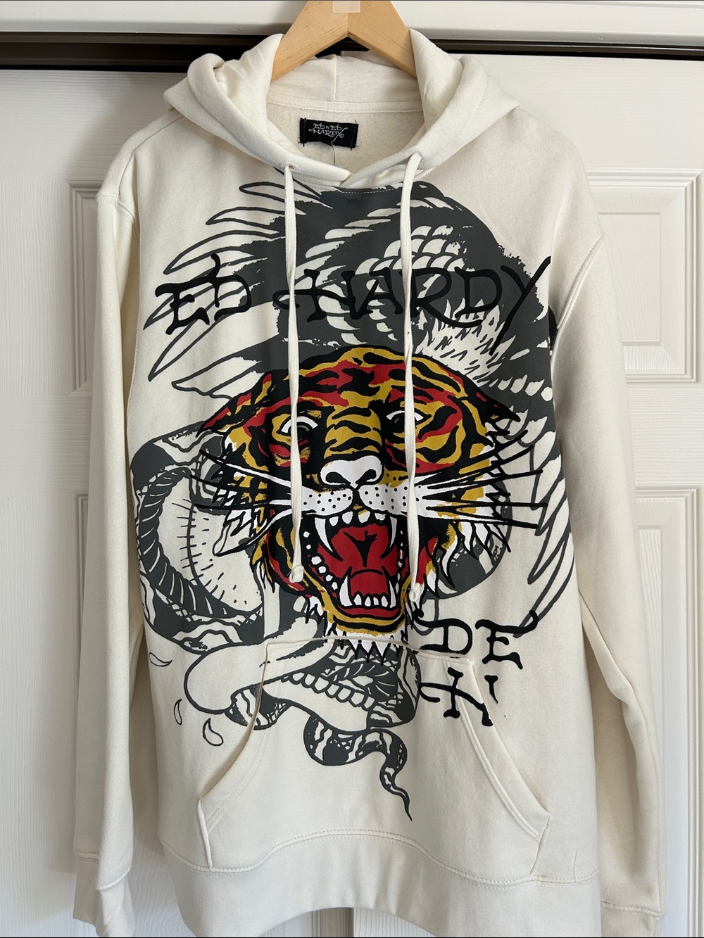 Ed Hardy Cream White Tiger Eagle Graphic Hoodie NWT Size Large